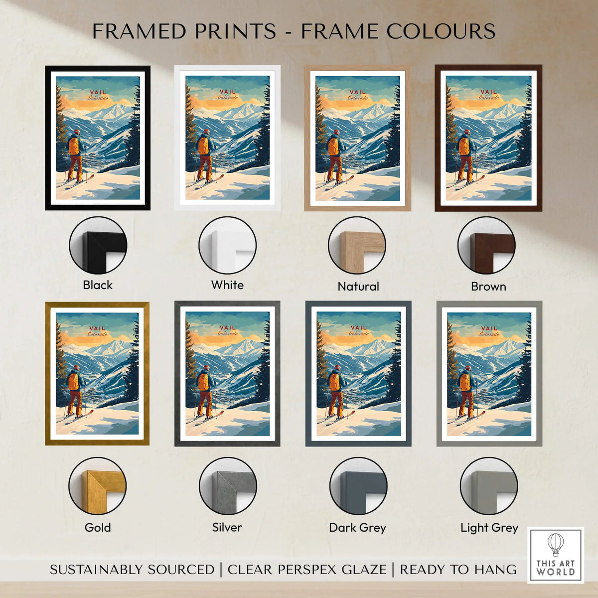 Vail Ski Poster - Colorado framed print options showcasing various frame colors like black, white, brown, and more.