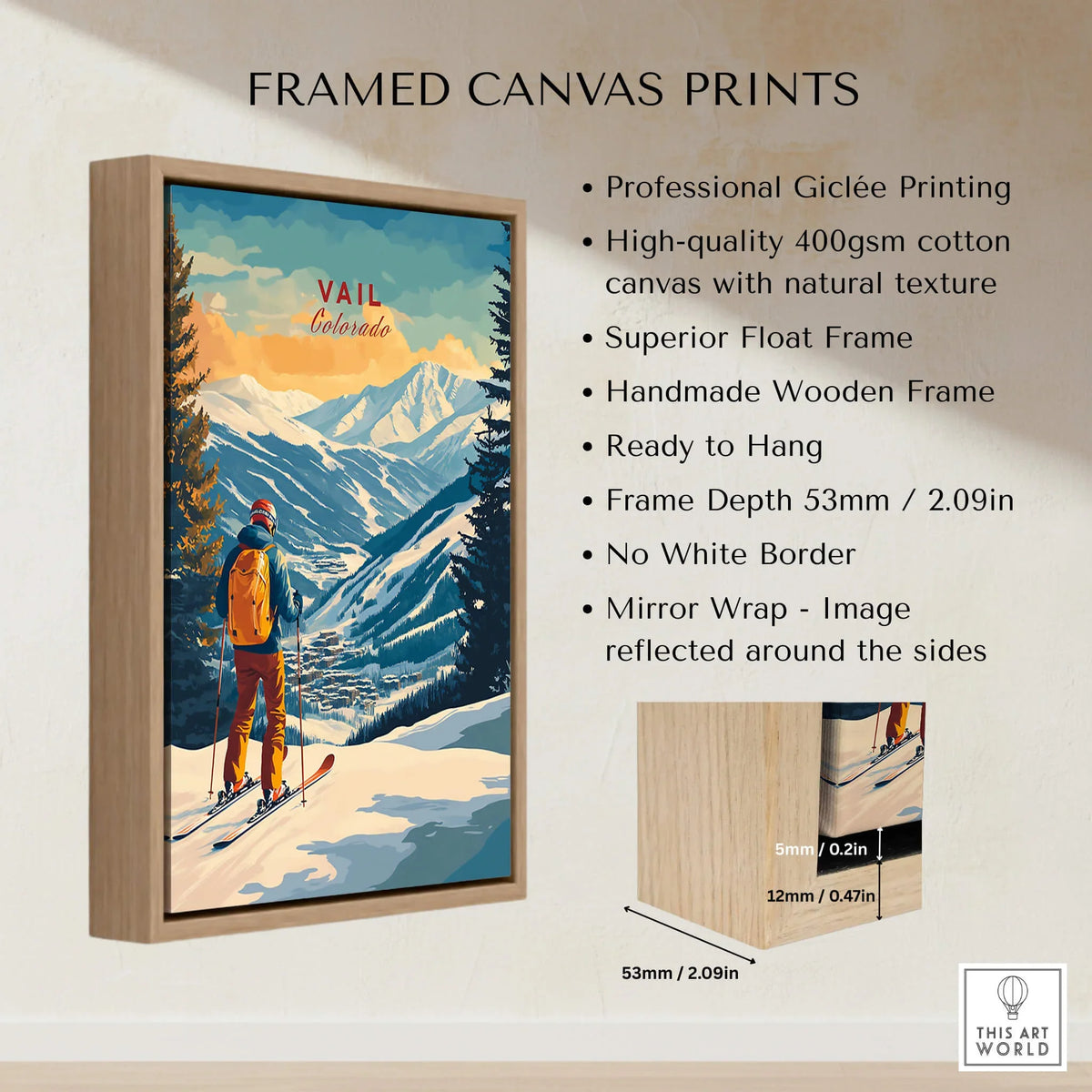 Vail Ski Poster - Colorado showcased in a framed canvas print featuring stunning mountain scenery and skiing.