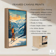 Vail Ski Poster - Colorado showcased in a framed canvas print featuring stunning mountain scenery and skiing.