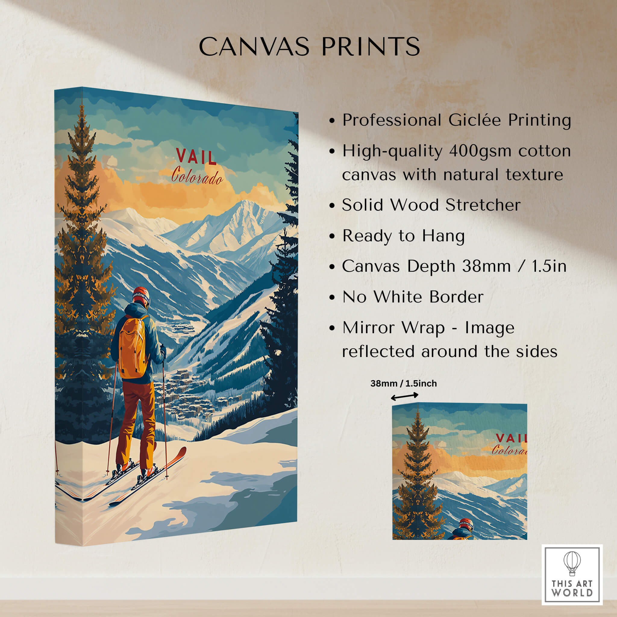 Vail Ski Poster - Colorado showcasing a skier in the mountains, perfect for home decor and ski enthusiasts.