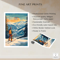 Vail Ski Poster - Colorado showcasing a skier amid picturesque snowy mountains and trees, ideal for ski lodge decor.