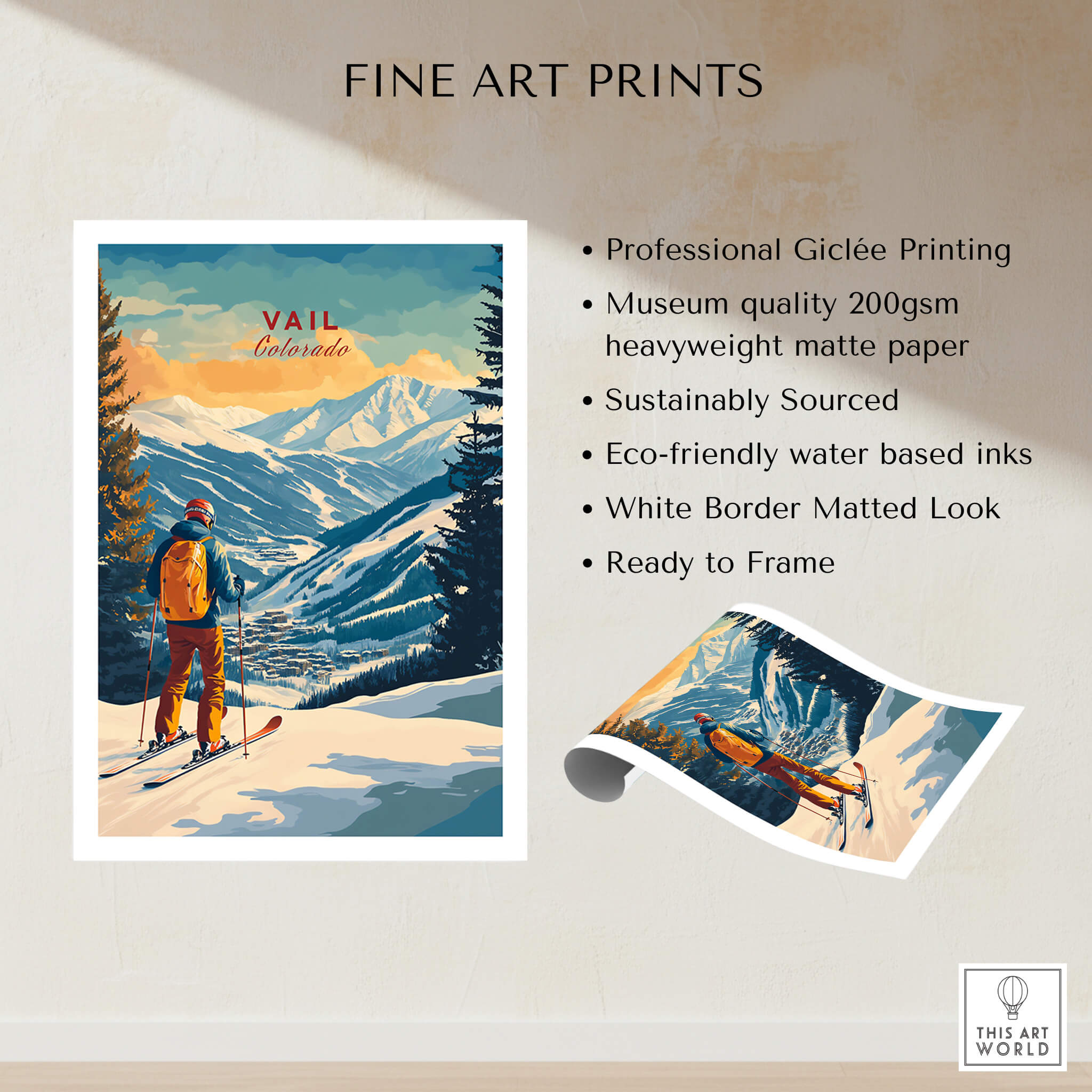 Vail Ski Poster - Colorado showcasing a skier amid picturesque snowy mountains and trees, ideal for ski lodge decor.