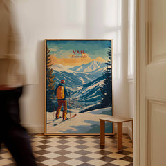 Vail Ski Poster - Colorado showcasing a skier with mountains in the background, perfect for ski lodge decor.