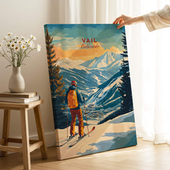 Vail Ski Poster - Colorado showcasing stunning mountain views and a skier overlooking the breathtaking landscape.