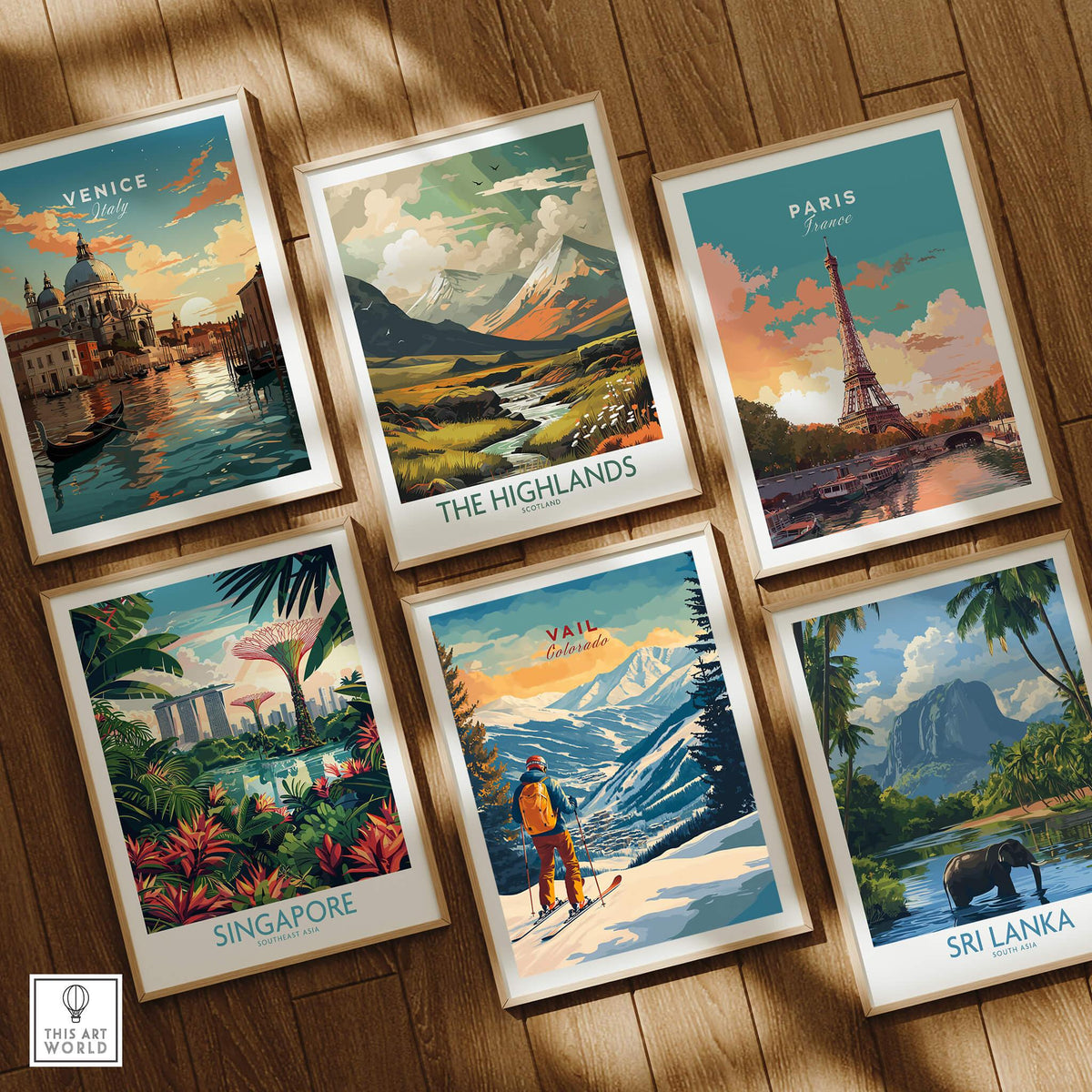 Vail Ski Poster - Colorado among travel posters of Venice, The Highlands, Paris, Singapore, and Sri Lanka.