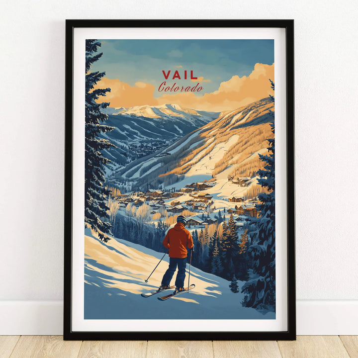 Vail Print Colorado Ski Poster featuring a skier in the stunning mountains of Vail, Colorado, showcasing the beauty of this iconic ski destination.