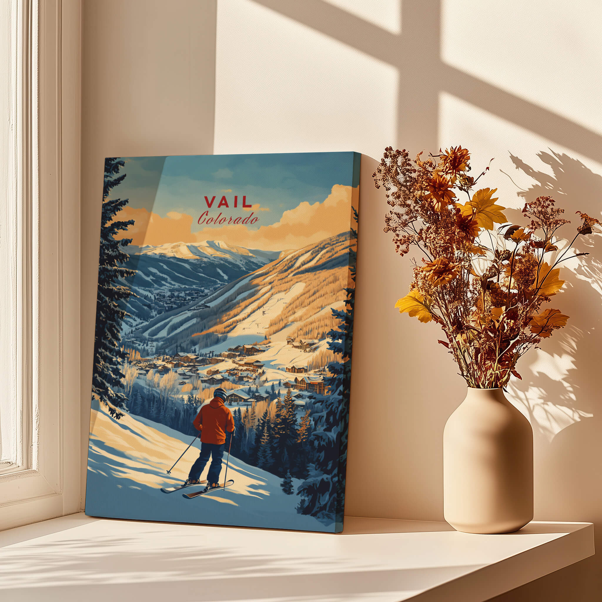 Vail Print Colorado Ski Poster displayed on a tabletop with a vase of flowers, showcasing stunning mountain scenery.