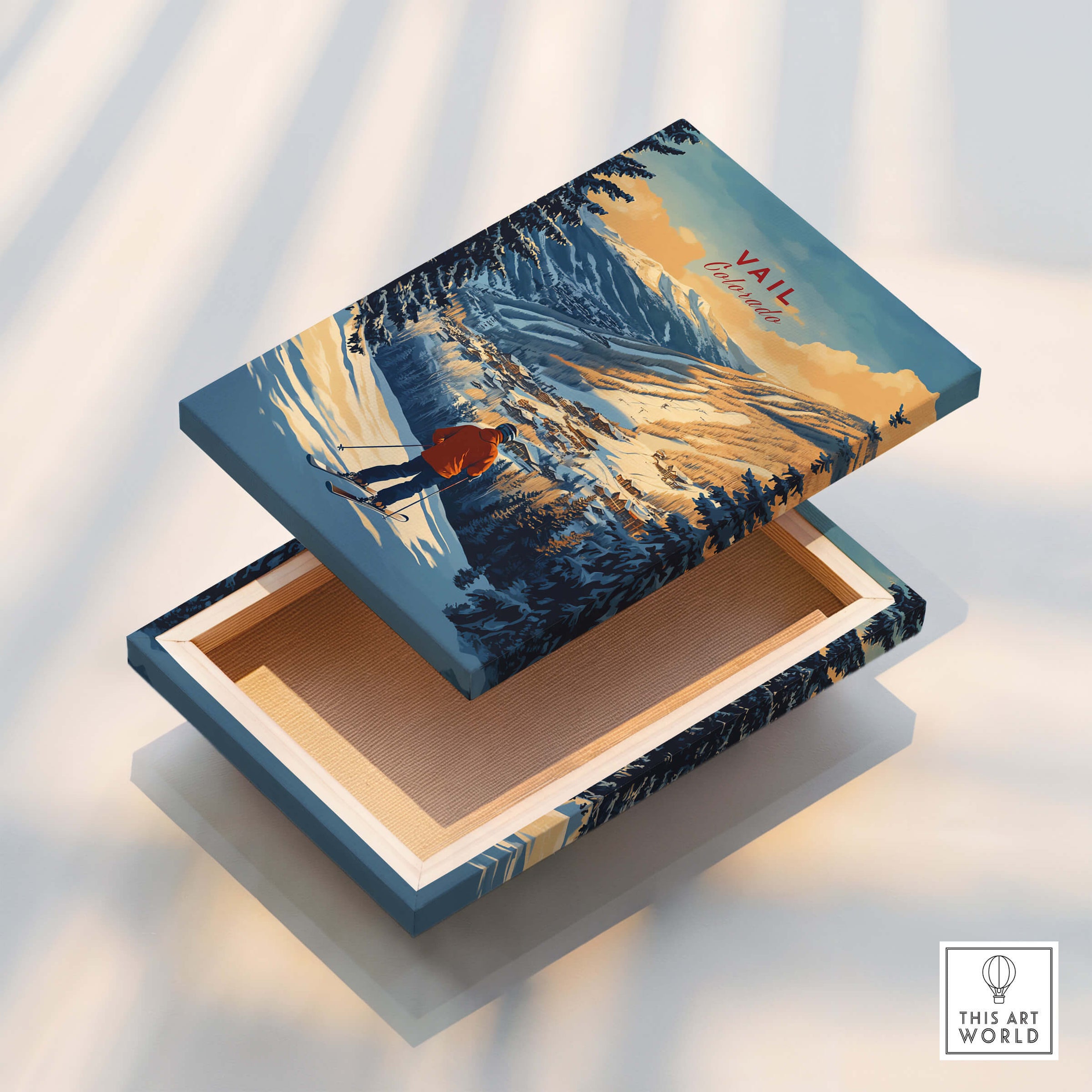 Vail Print Colorado Ski Poster artwork on a decorative box showcasing mountain scenery and skiing.