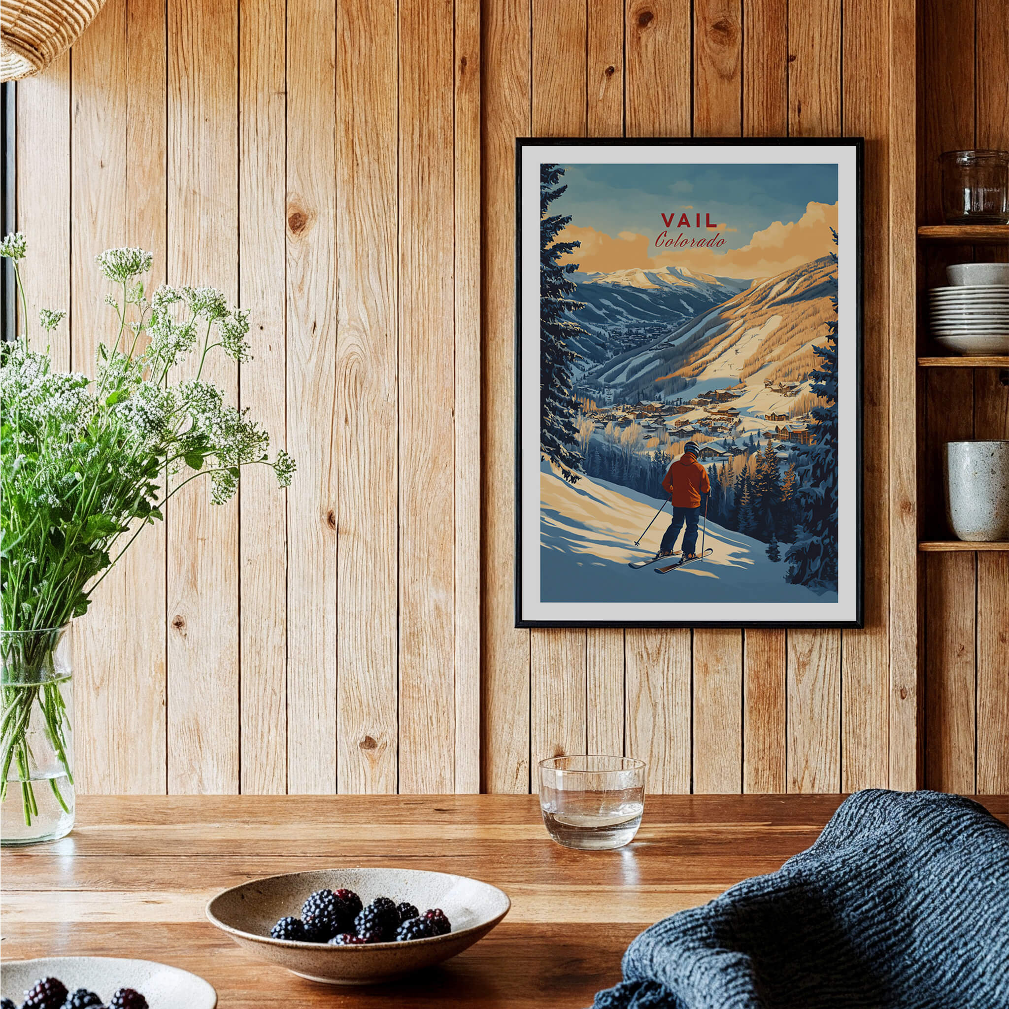 Vail Print Colorado Ski Poster showcasing a skier against a wooden backdrop, capturing the beauty of Vail, Colorado.