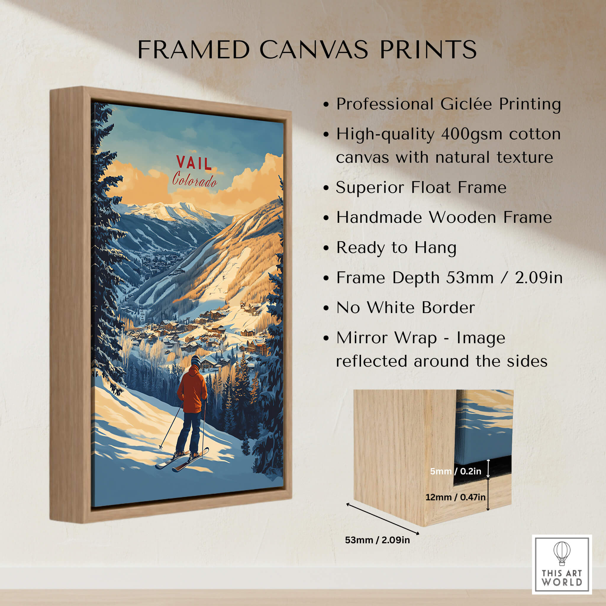 Vail Print Colorado Ski Poster displayed on a framed canvas print showcasing stunning ski imagery.