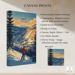Vail Print Colorado Ski Poster showcasing vibrant imagery of snowy mountains and a skier in Vail, Colorado.
