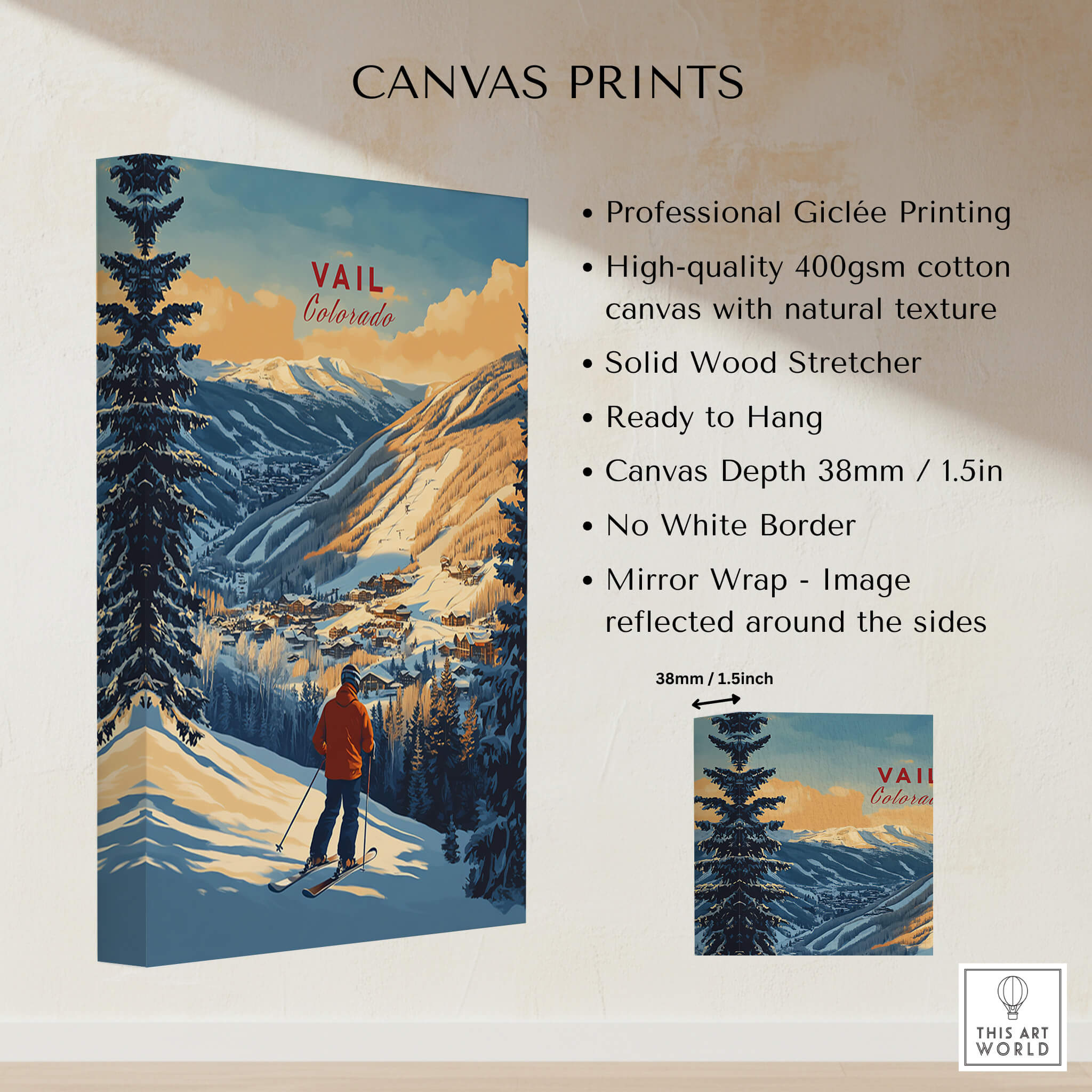 Vail Print Colorado Ski Poster showcasing vibrant imagery of snowy mountains and a skier in Vail, Colorado.