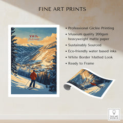 Vail Print Colorado Ski Poster showcasing stunning mountain scenery and skier, perfect for ski enthusiasts.