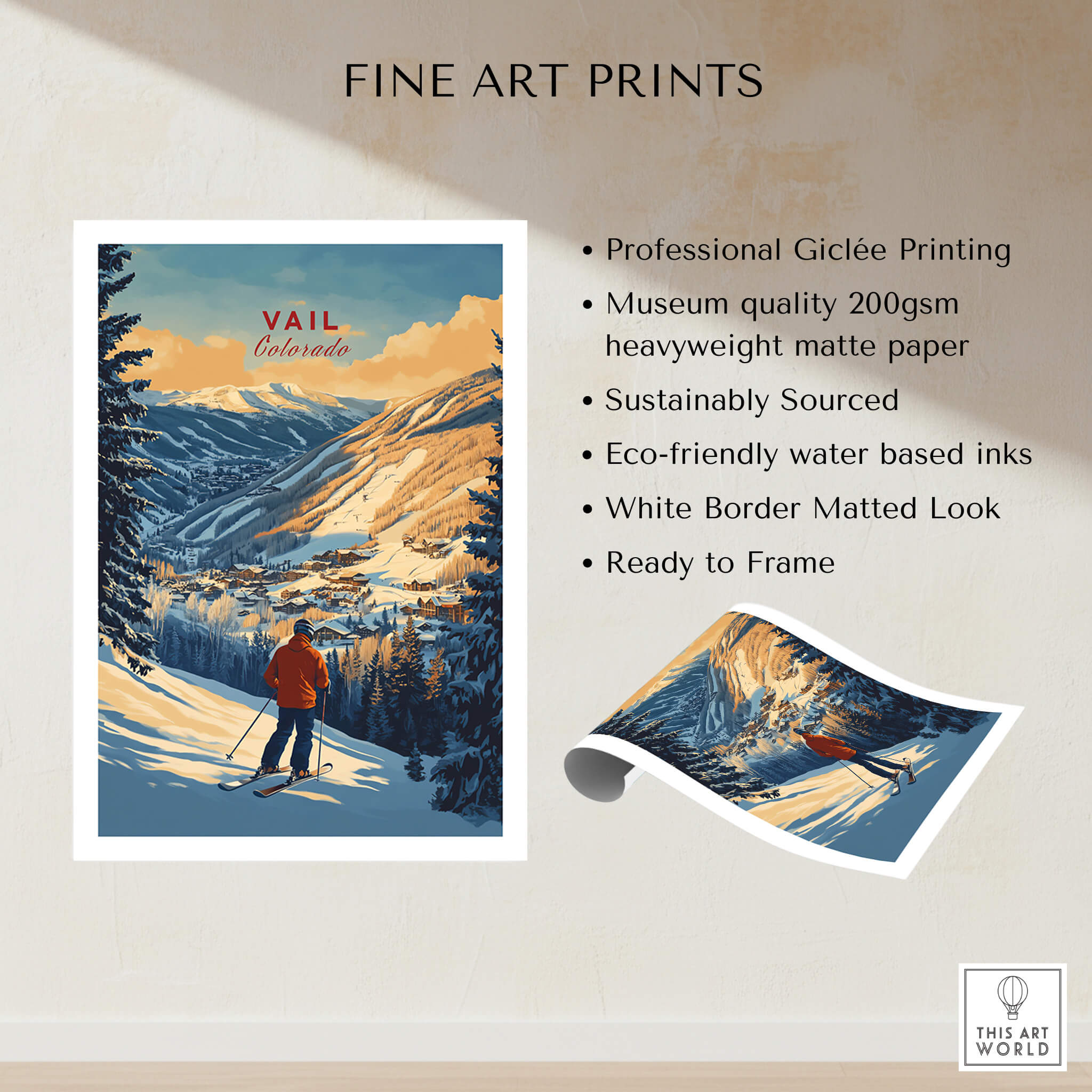 Vail Print Colorado Ski Poster showcasing stunning mountain scenery and skier, perfect for ski enthusiasts.