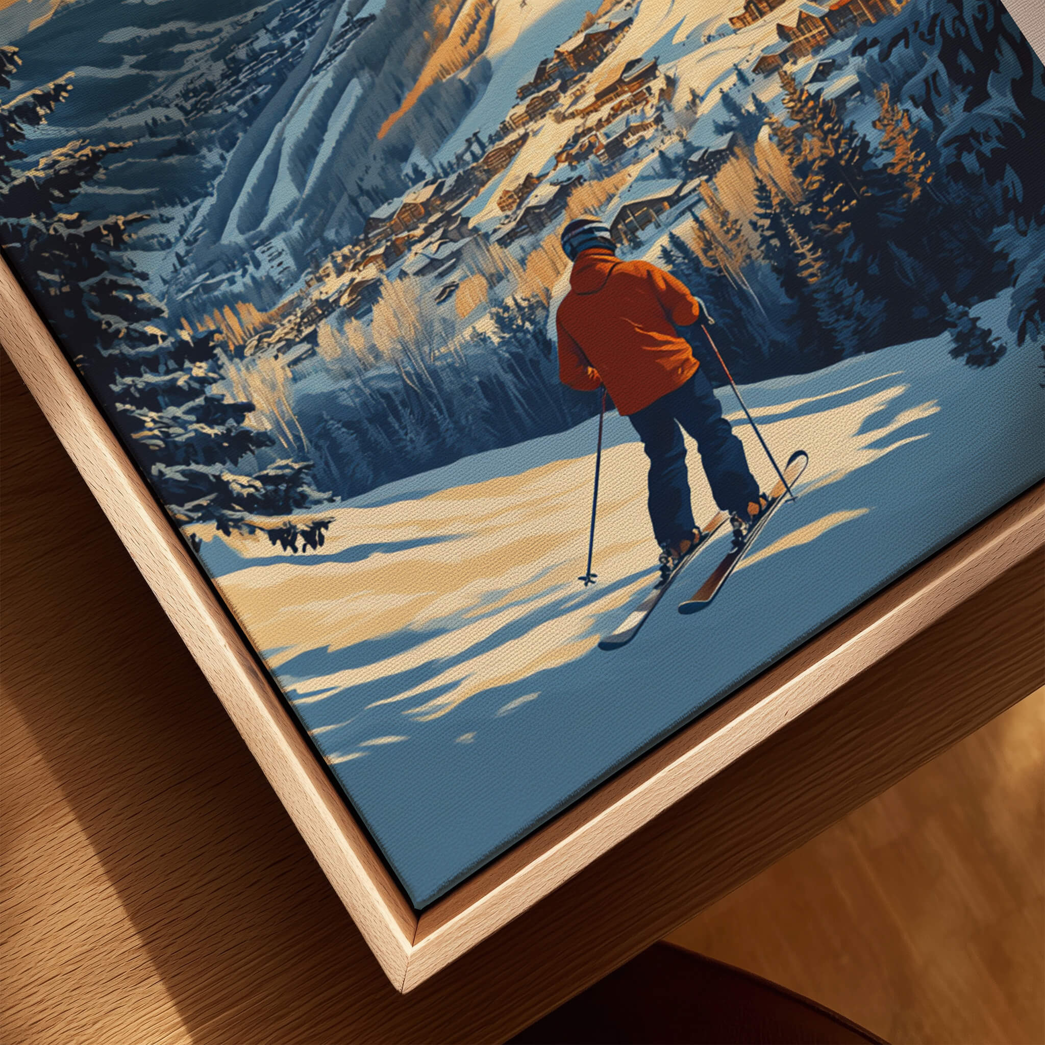 Vail Print Colorado Ski Poster showcasing a skier enjoying the slopes with breathtaking mountain scenery in the background.