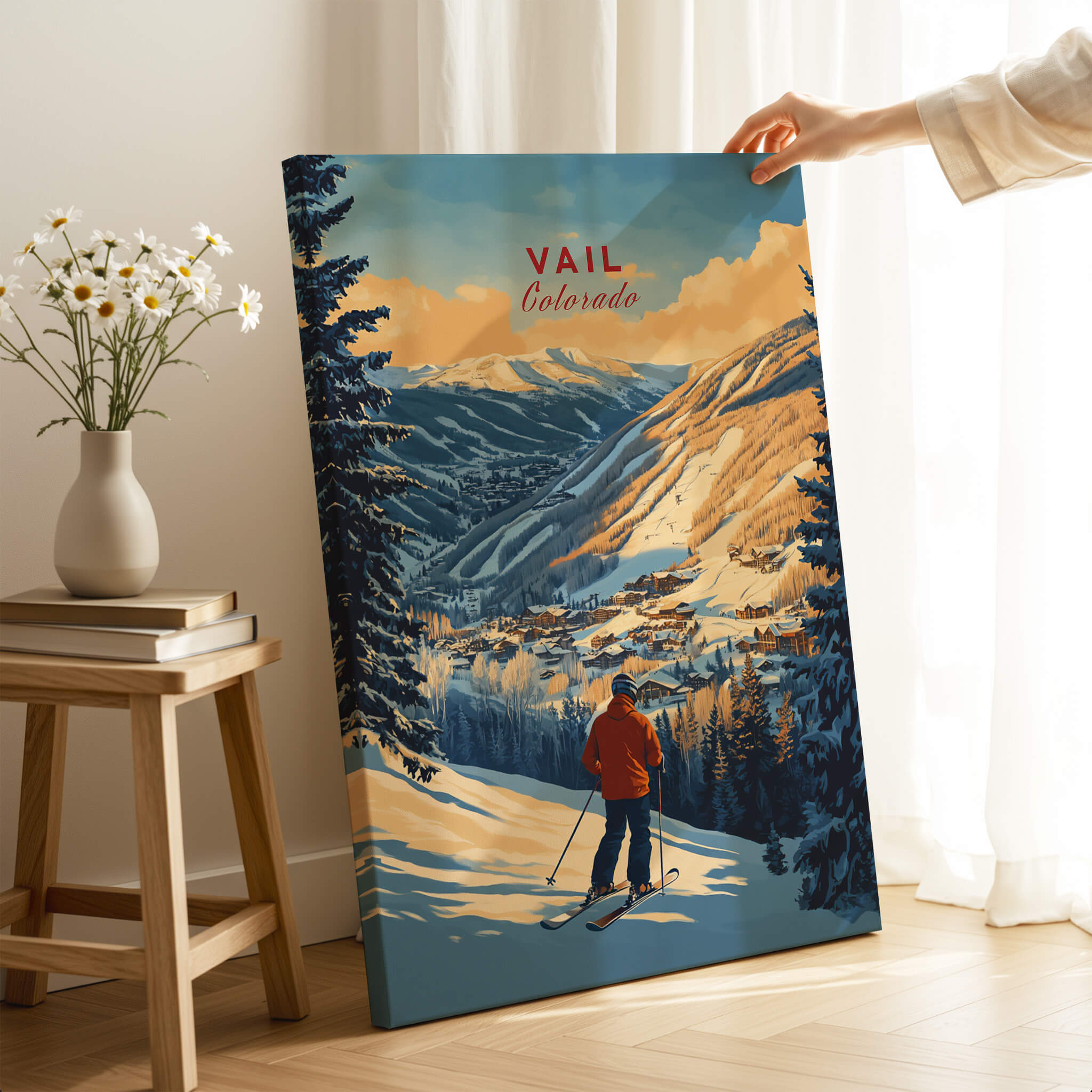 Vail Print Colorado Ski Poster showcasing stunning Vail mountain scenery with a skier in a beautiful winter setting.