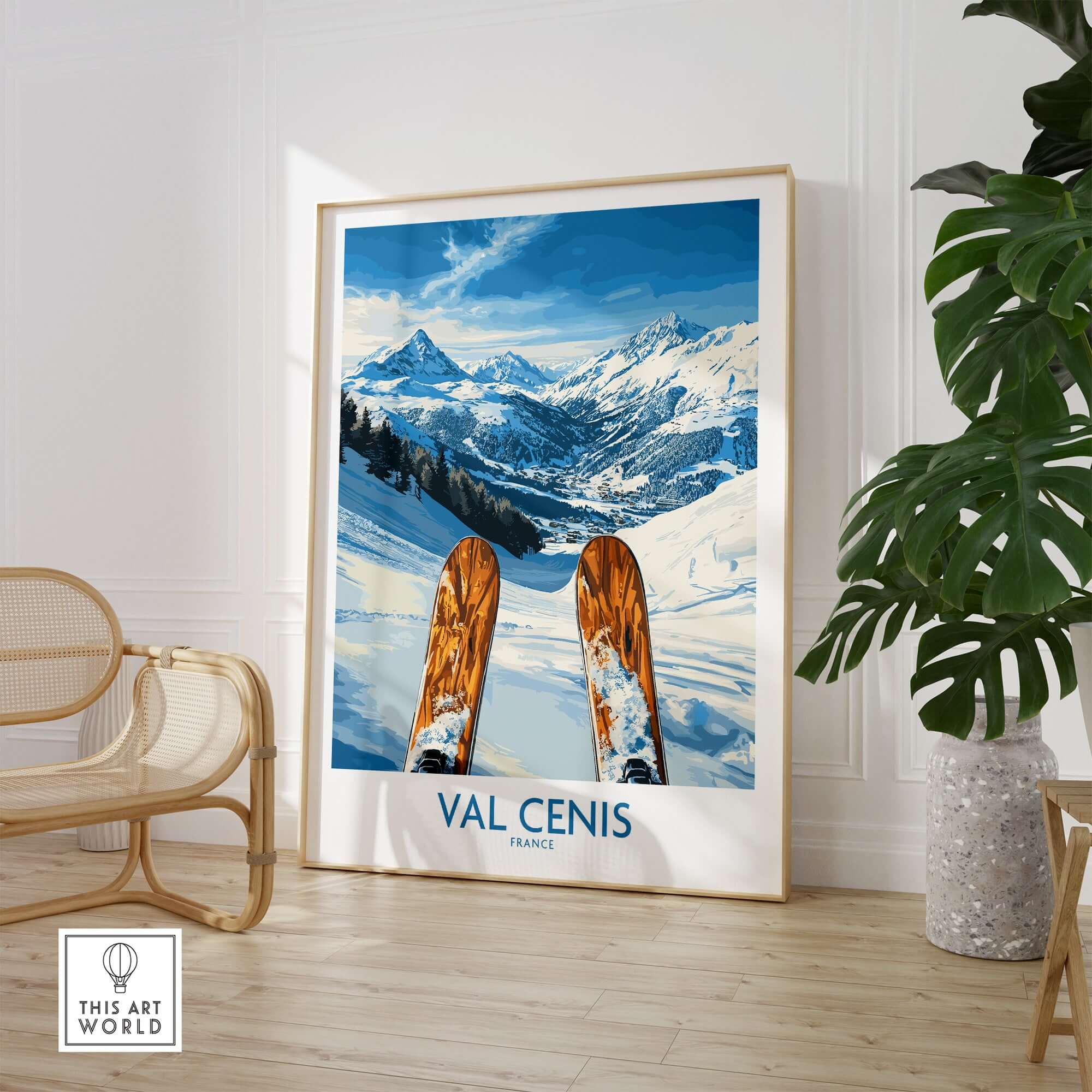 Val Cenis France ski poster showcasing snowy mountain views and ski slopes, perfect for ski enthusiasts.