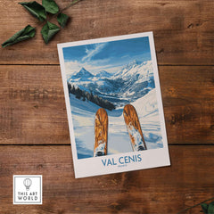 Val Cenis ski poster showcasing mountain views and skis on a snowy slope, perfect for ski enthusiasts.