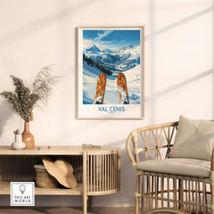 Val Cenis France ski poster showcasing majestic mountains and ski slopes, perfect for winter enthusiasts.