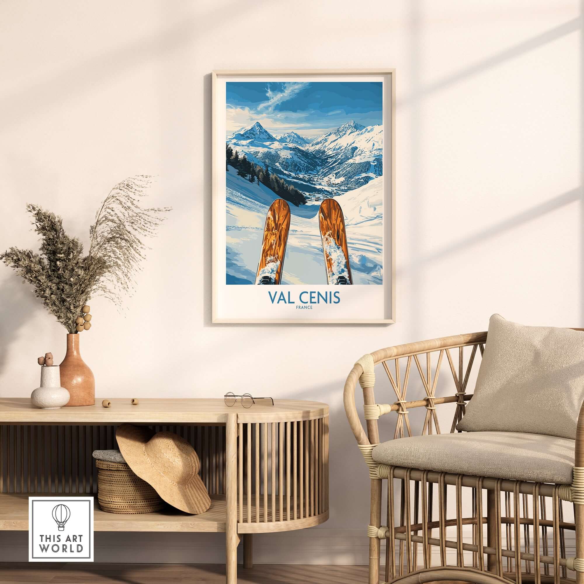 Val Cenis France ski poster showcasing majestic mountains and ski slopes, perfect for winter enthusiasts.