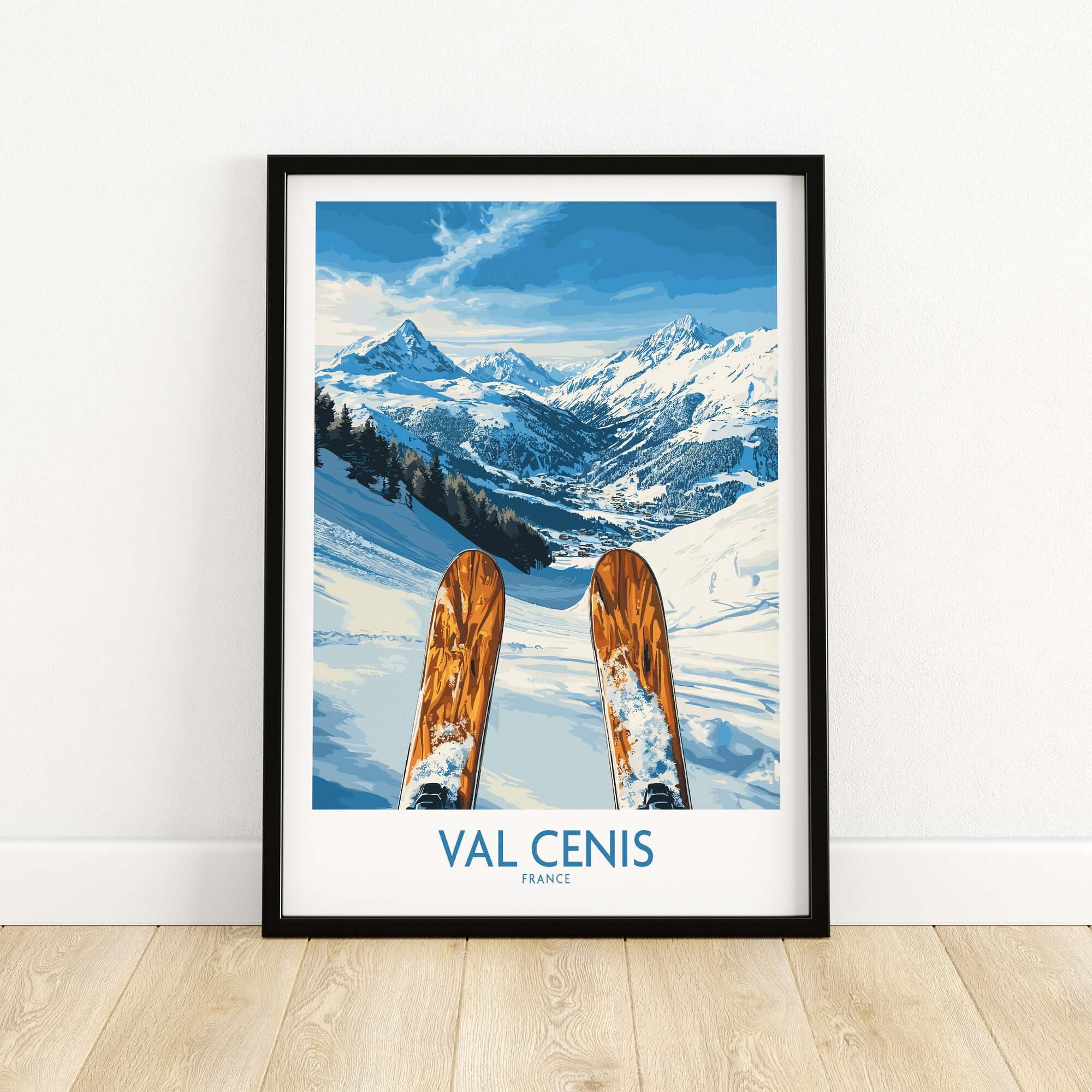Val Cenis ski poster showcasing snowy mountains and ski tips, perfect for ski enthusiasts and home decor.