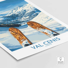 Val Cenis ski poster featuring stunning mountain views and wooden skis, perfect for ski enthusiasts.