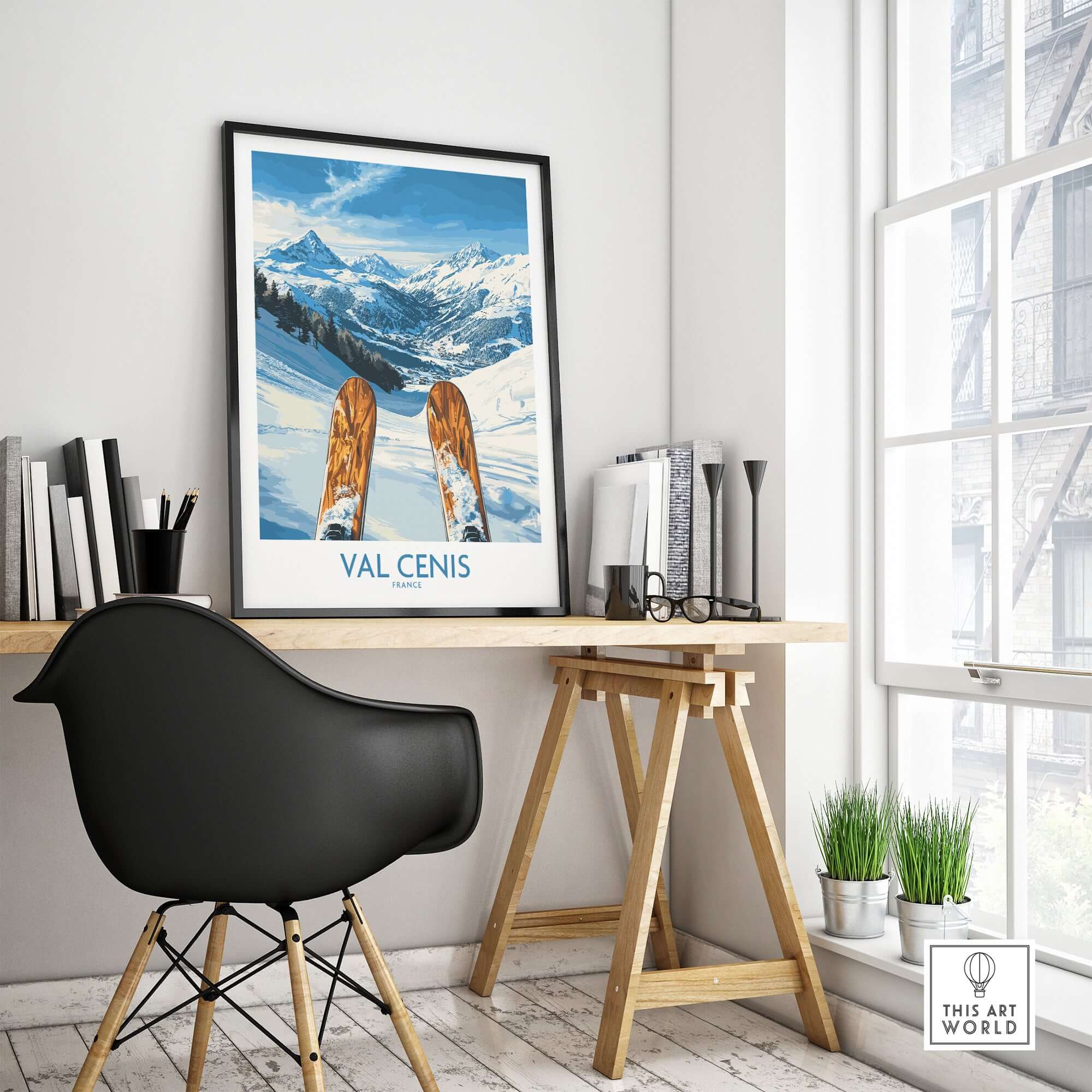 Val Cenis ski poster showcasing picturesque mountain views and ski slopes, ideal for ski enthusiasts.