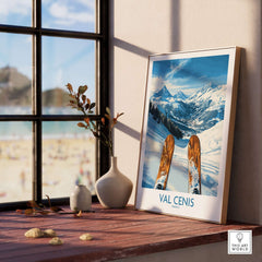 Val Cenis ski poster displayed by a window, featuring mountain views and ski equipment, perfect for enthusiasts.