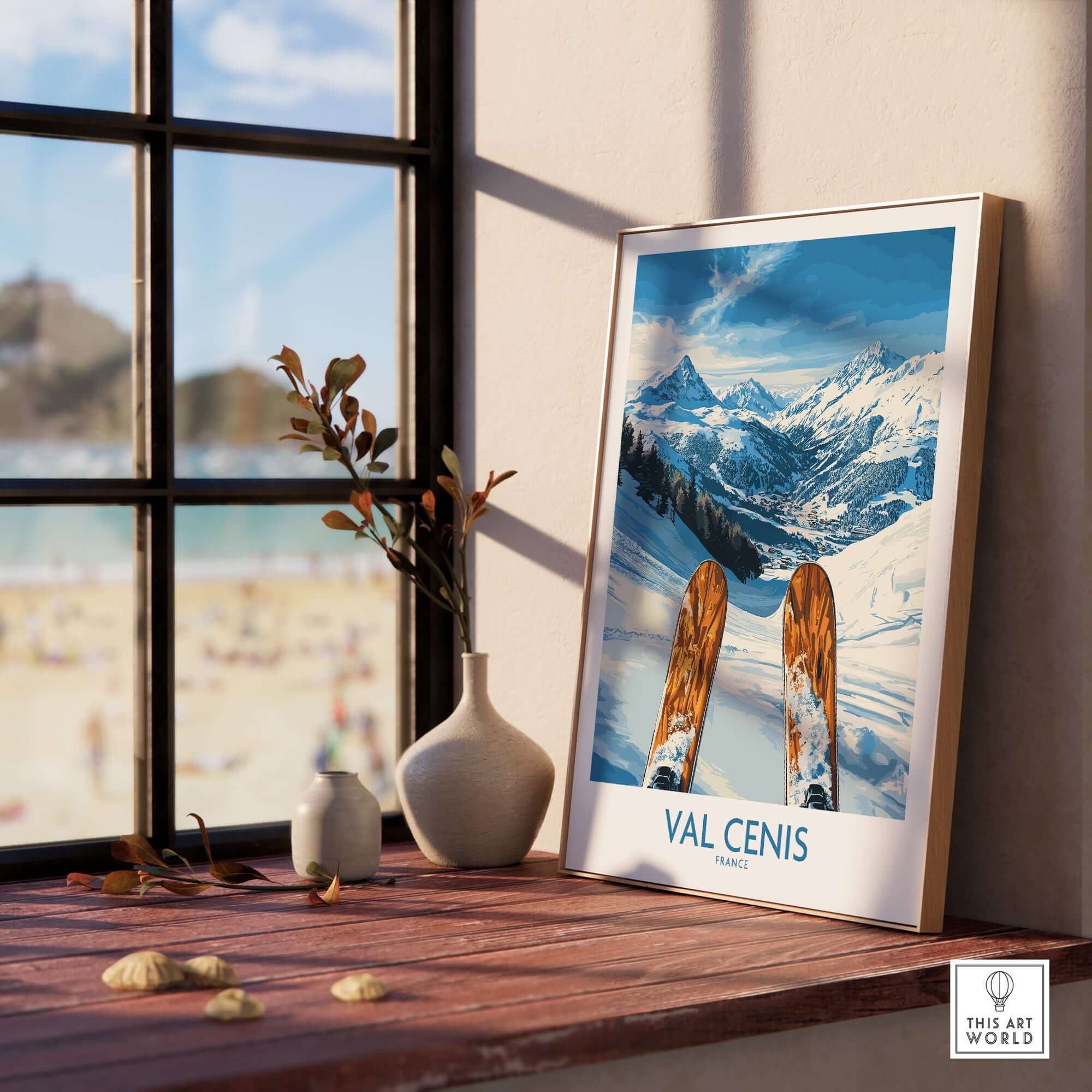Val Cenis ski poster displayed by a window, featuring mountain views and ski equipment, perfect for enthusiasts.