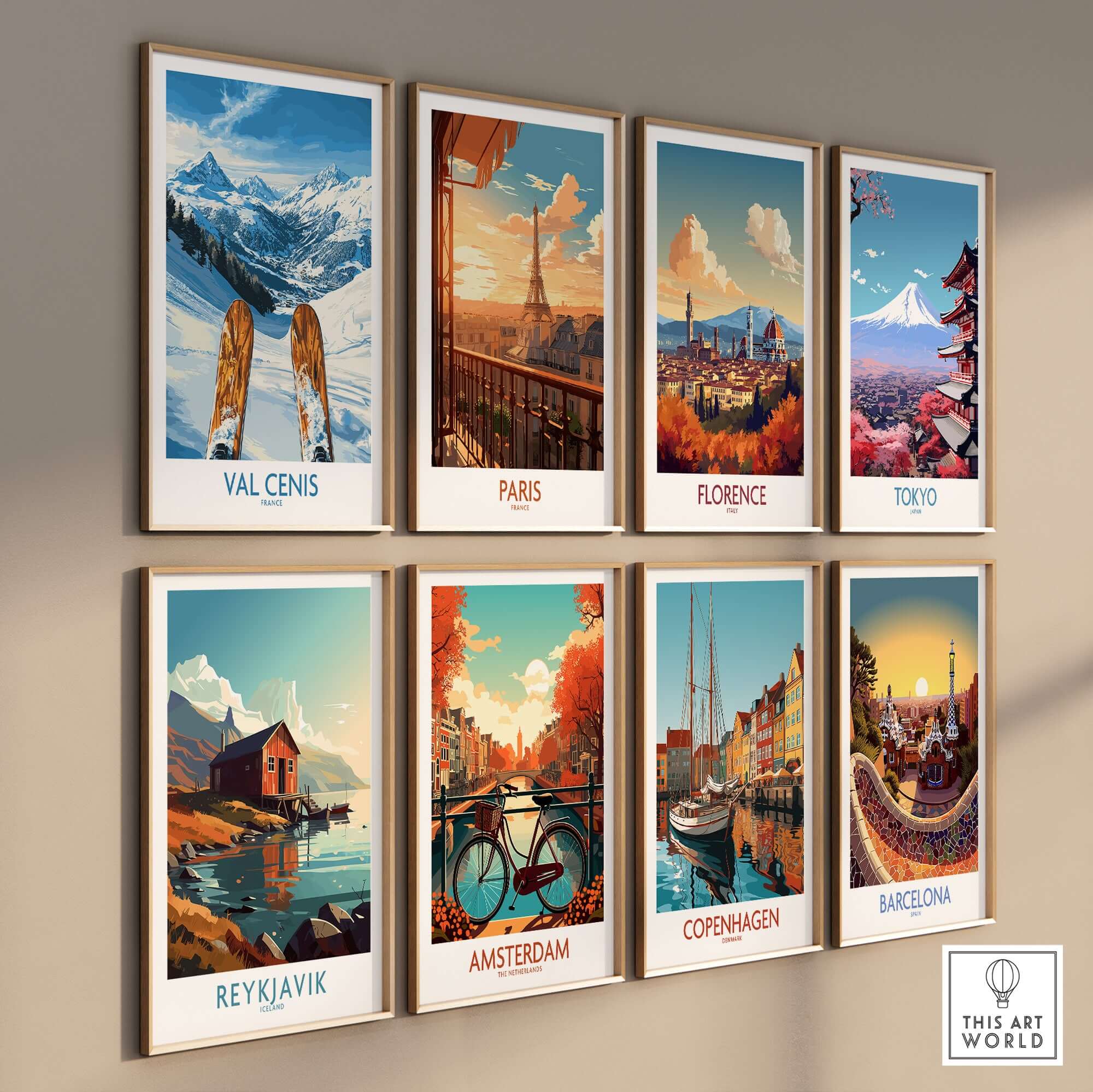 Collection of travel posters featuring Val Cenis, Paris, Florence, Tokyo, Reykjavik, Amsterdam, Copenhagen, and Barcelona.
