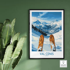 Val Cenis ski poster showcasing mountain views and ski slopes, beautifully framed for home decor.