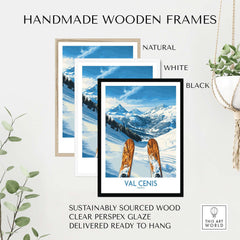 Val Cenis ski poster in three handmade wooden frames, showcasing beautiful mountain scenery and skis.
