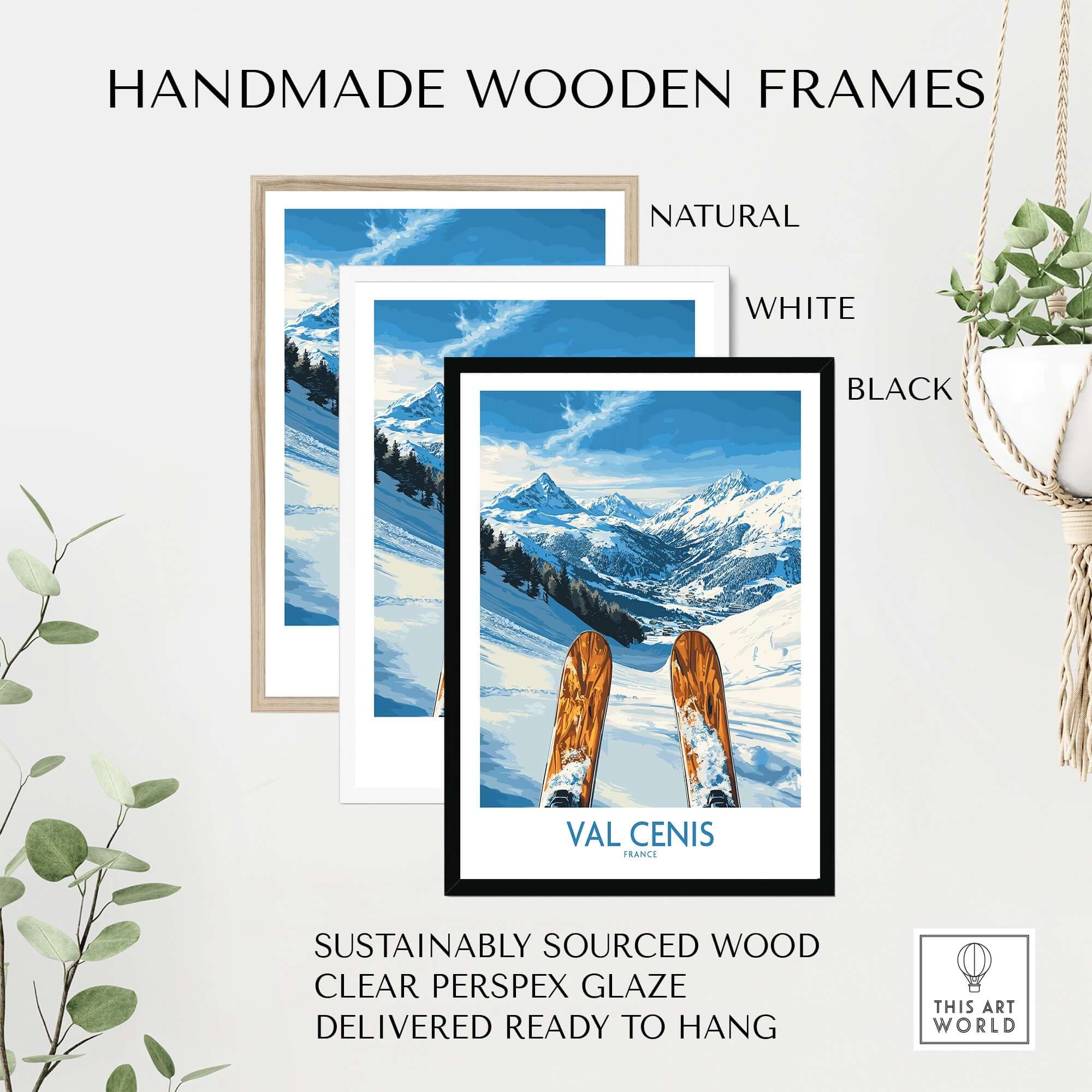 Val Cenis ski poster in three handmade wooden frames, showcasing beautiful mountain scenery and skis.