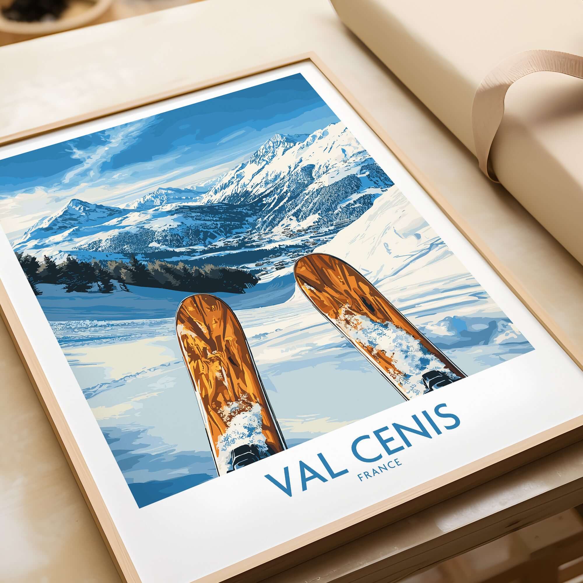 Val Cenis France ski poster showcasing majestic mountain views and skis on pristine snow slopes.