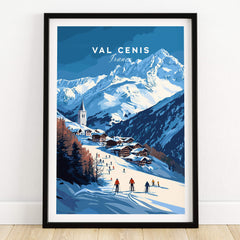 Val Cenis Ski Print | French Alps Ski Village Scene featuring a ski village and mountain backdrop.