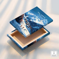 Val Cenis Ski Print | French Alps Ski Village Scene on a decorative box showing snowy mountains and skiers.
