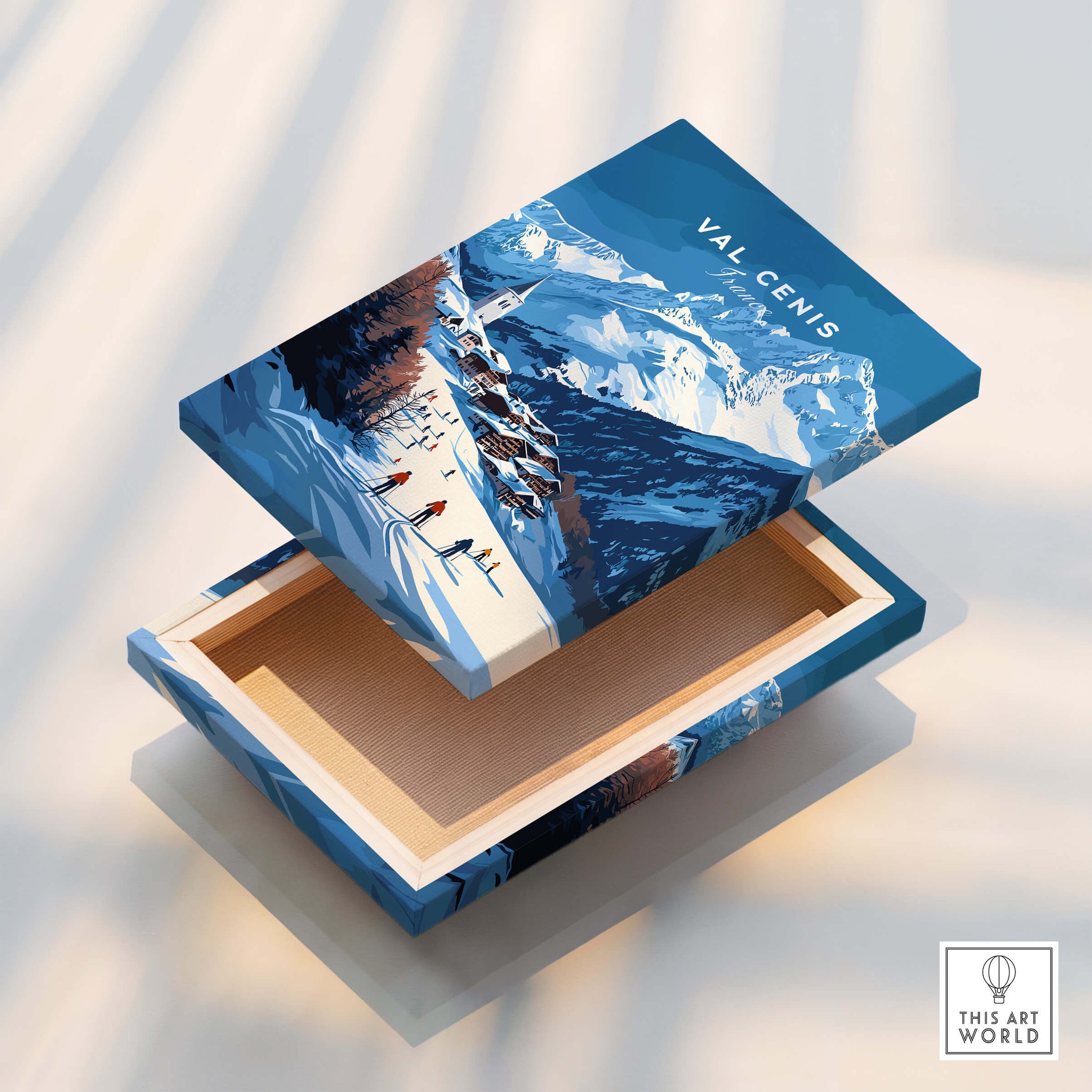 Val Cenis Ski Print | French Alps Ski Village Scene on a decorative box showing snowy mountains and skiers.