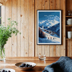 Val Cenis Ski Print | French Alps Ski Village Scene showing a picturesque ski village and mountains.
