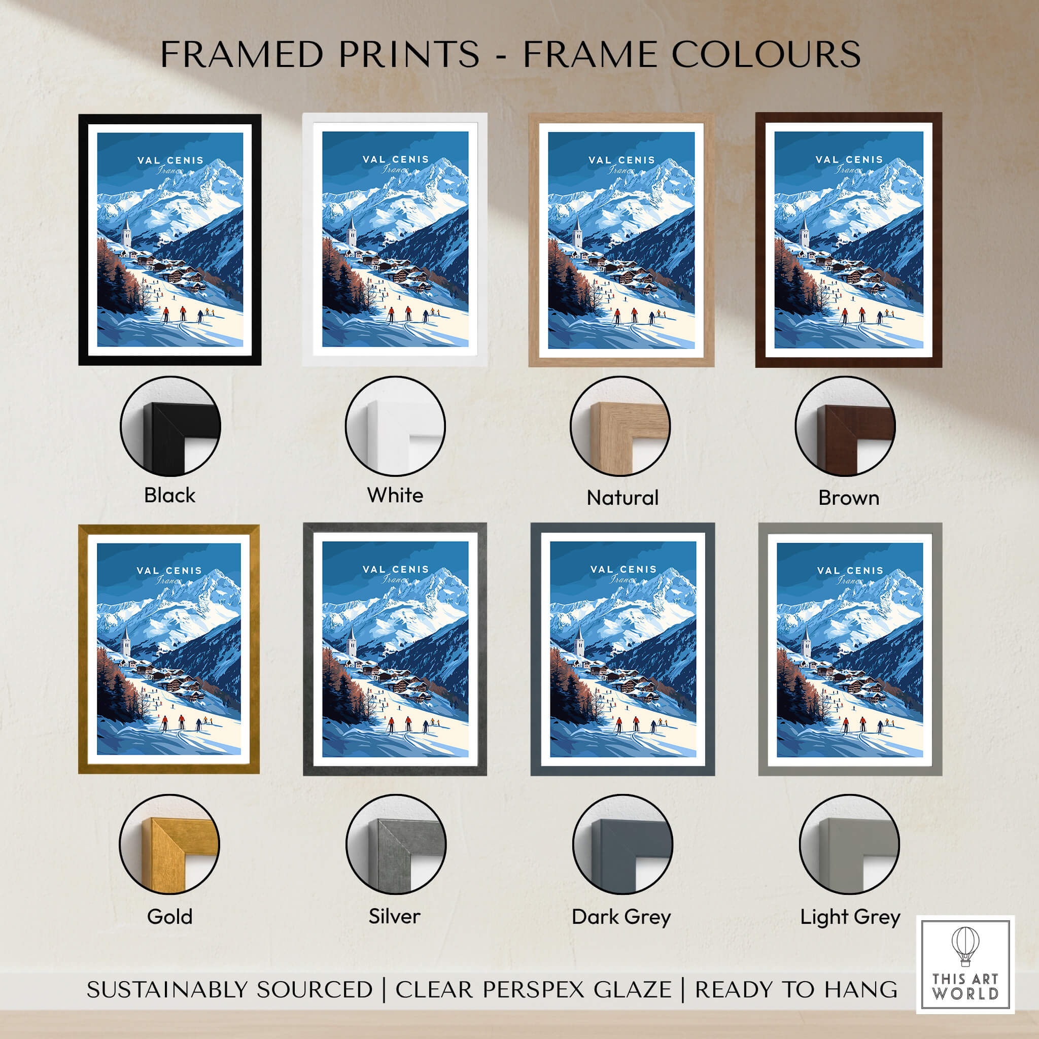 Val Cenis Ski Print | French Alps Ski Village Scene framed print color options display.