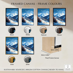 Val Cenis Ski Print | French Alps Ski Village Scene framed in different colors including black, white, gold, and silver.
