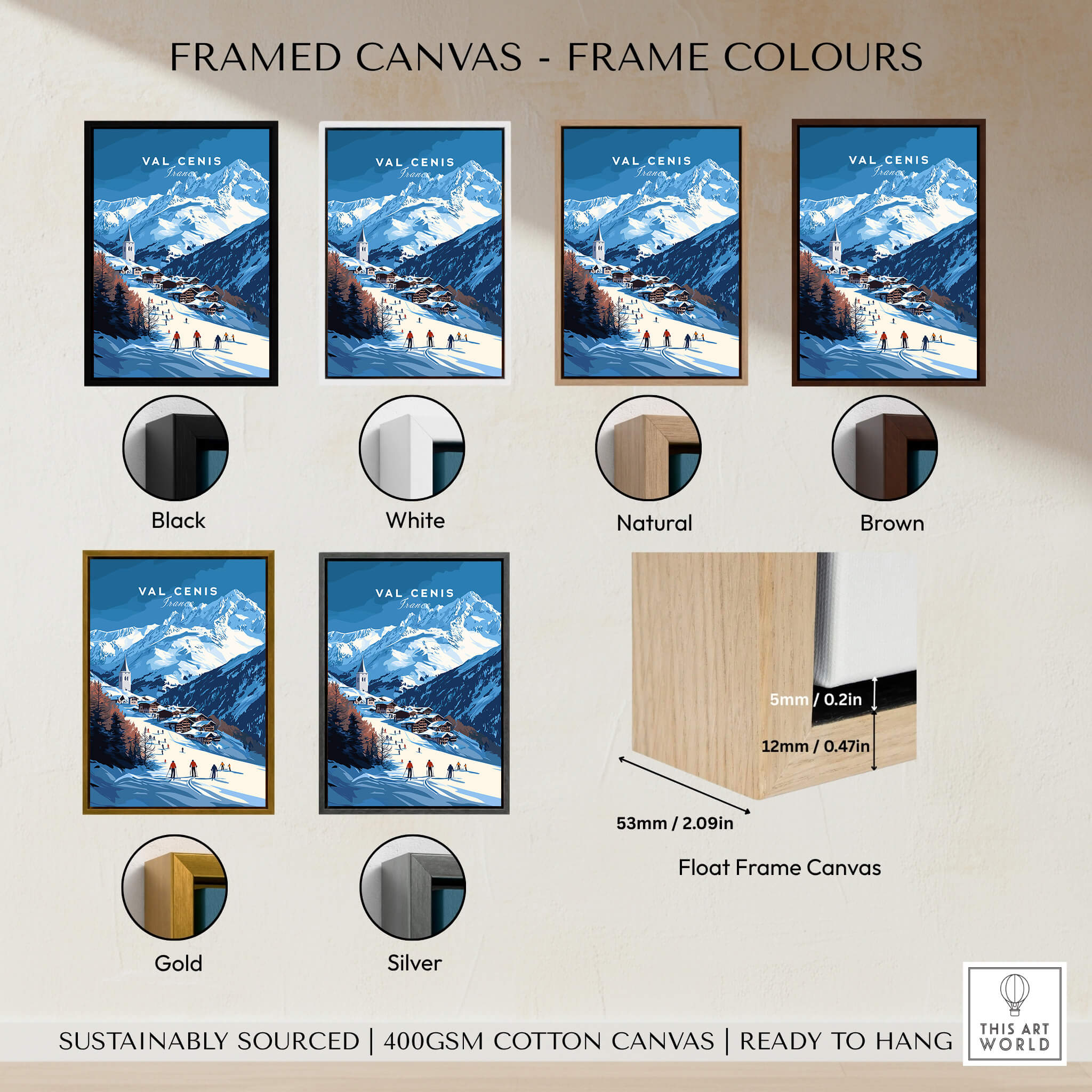 Val Cenis Ski Print | French Alps Ski Village Scene framed in different colors including black, white, gold, and silver.