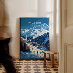 Val Cenis Ski Print | French Alps Ski Village Scene showcasing vibrant mountain landscape and skiers in traditional village.