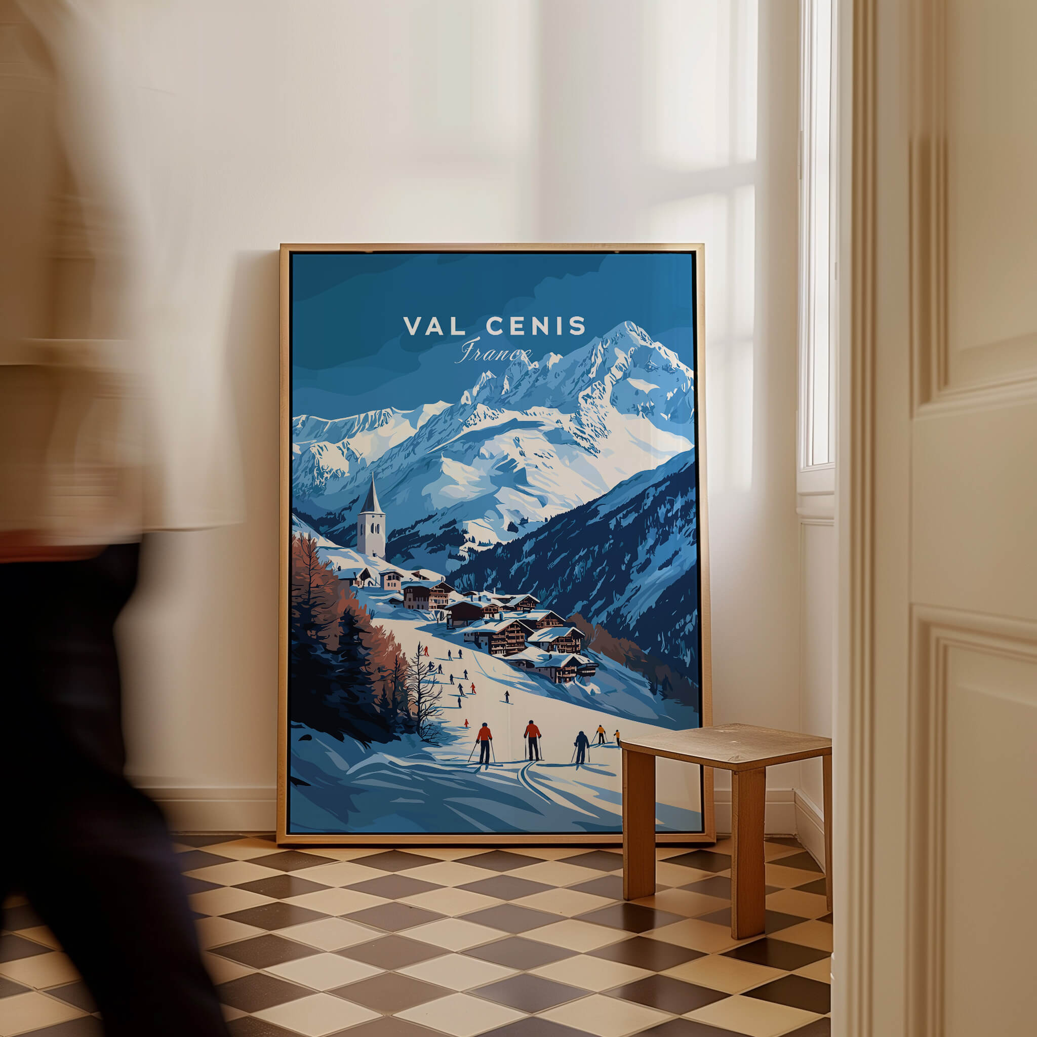 Val Cenis Ski Print | French Alps Ski Village Scene showcasing vibrant mountain landscape and skiers in traditional village.
