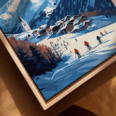 Val Cenis Ski Print | French Alps Ski Village Scene featuring skiers and a picturesque alpine village.