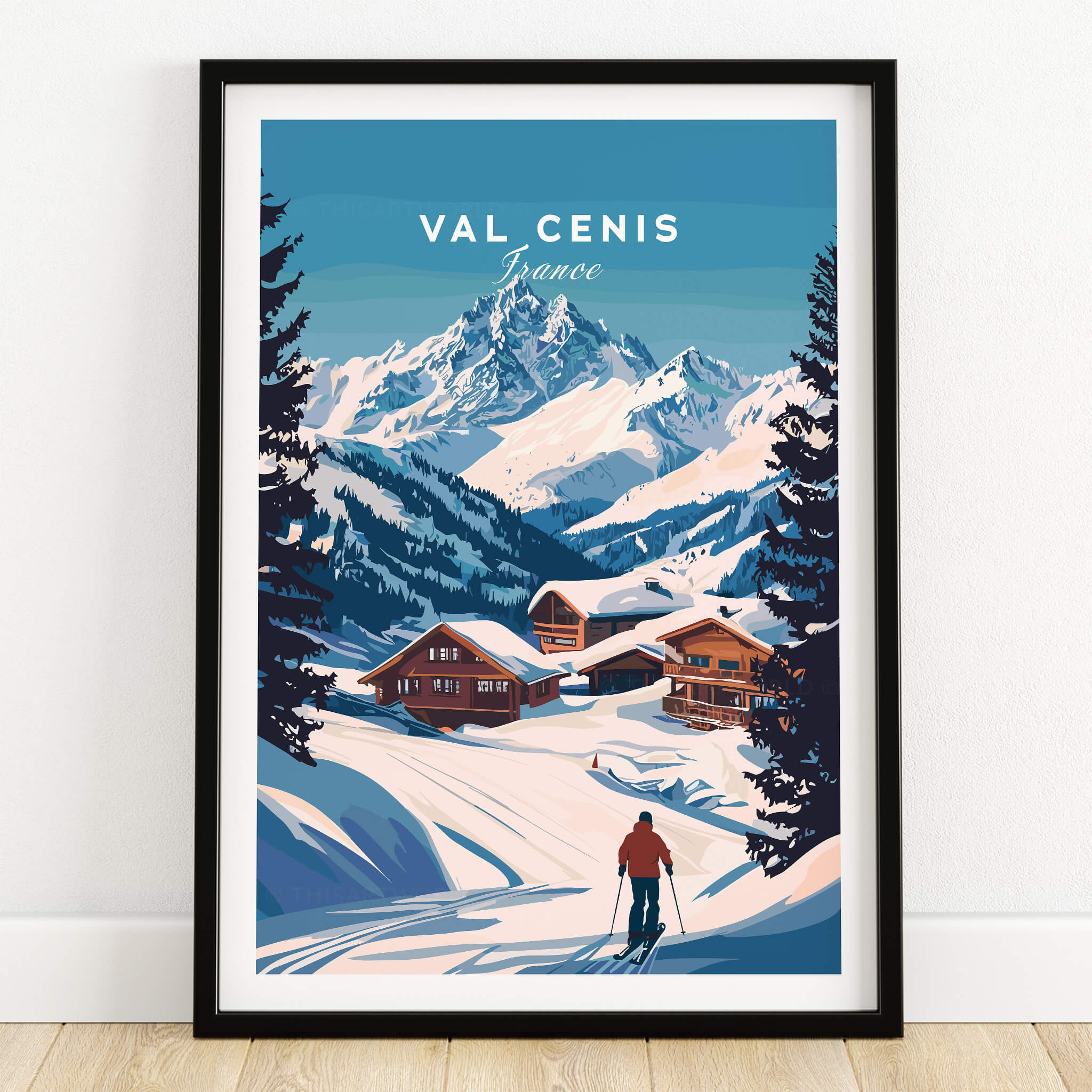 Val Cenis Ski Print: Elevate Your Winter Decor showcasing a skier in a winter landscape with mountains and chalets.