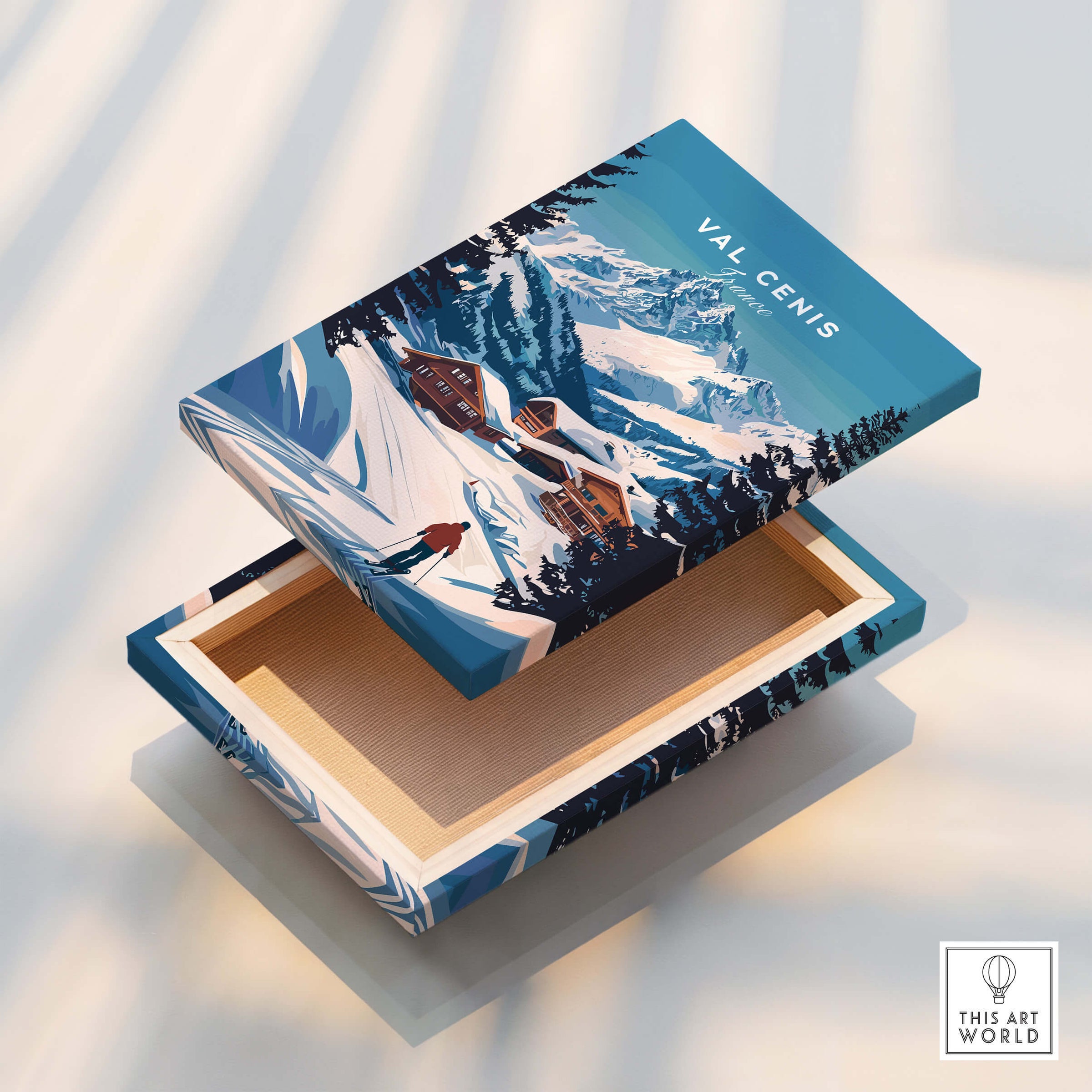 Val Cenis Ski Print: Elevate Your Winter Decor showcasing a beautifully designed box with winter landscape.