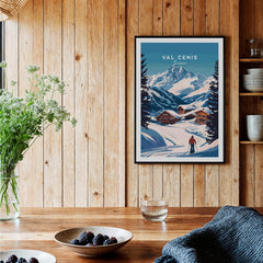 Val Cenis Ski Print: Elevate Your Winter Decor in a cozy wooden interior with a skier and stunning mountain landscape.