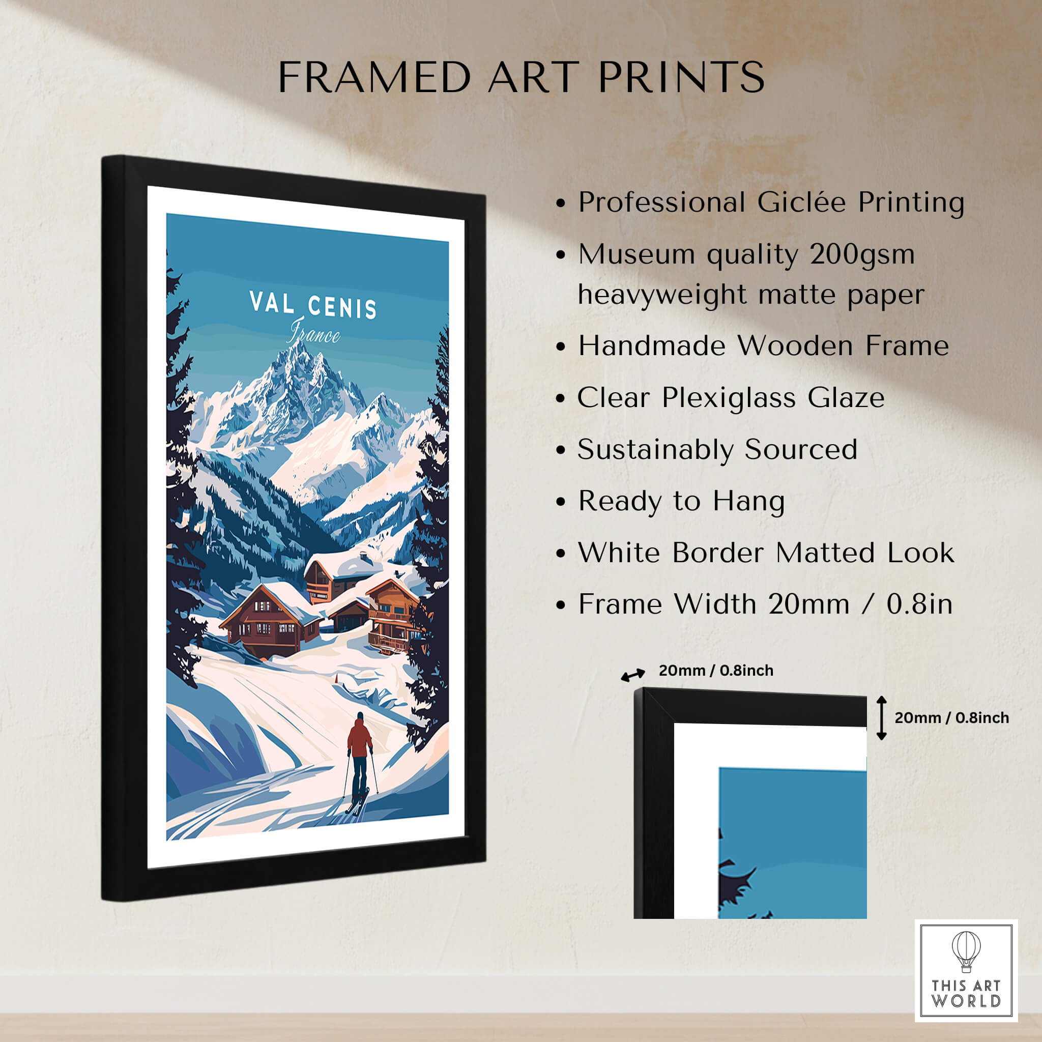 Val Cenis Ski Print: Elevate Your Winter Decor - Framed art print featuring snowy mountains and cozy chalets.