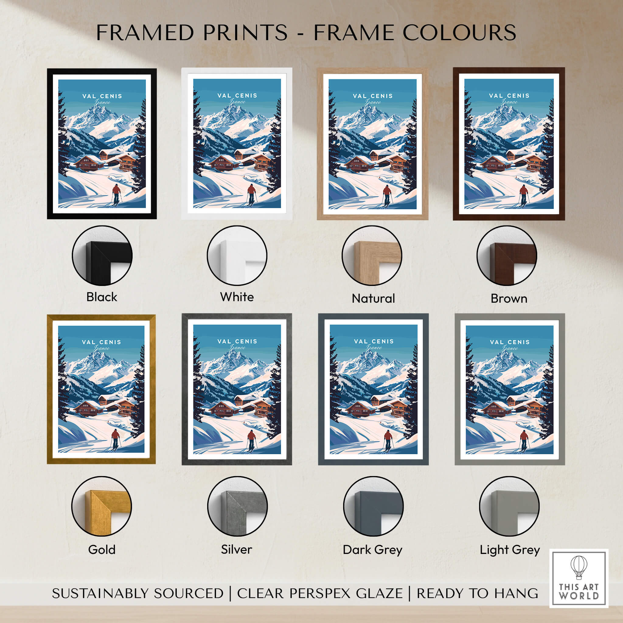 Val Cenis Ski Print: Elevate Your Winter Decor options with various frame colors including black, white, gold, and natural.
