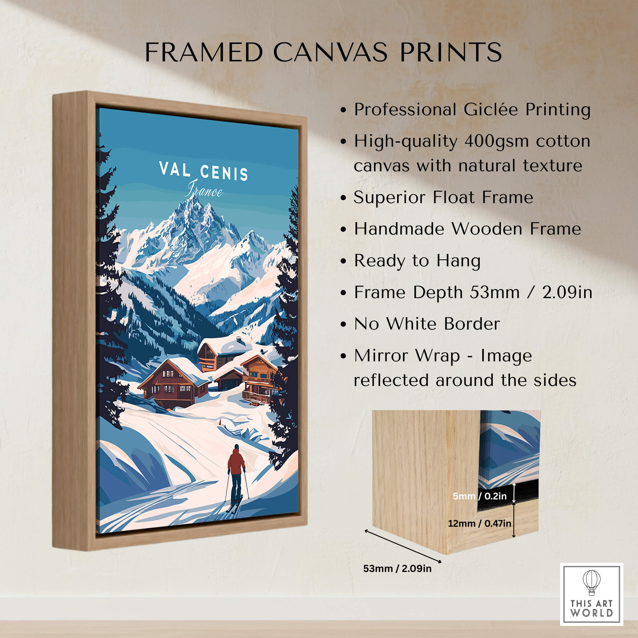 Val Cenis Ski Print: Elevate Your Winter Decor with professional giclée printing and handcrafted frame.